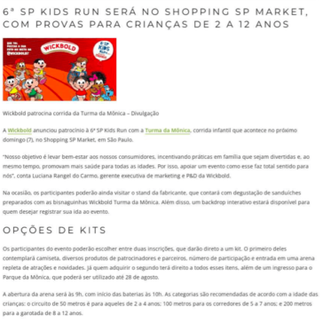 Wickbold patrocina corrida infantil da Turma da Mônica neste domingo, em São Paulo