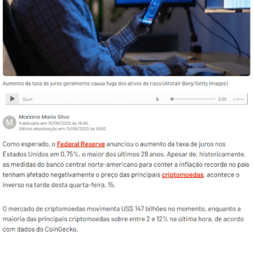 Banco Central dos EUA aumenta taxa de juros em 0,75% e criptomoedas dão sinais de recuperação – Exame