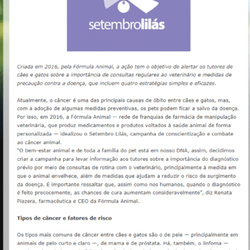Setembro Lilás: campanha conscientiza sobre o combate e a prevenção de câncer em animais – Toca dos Pets