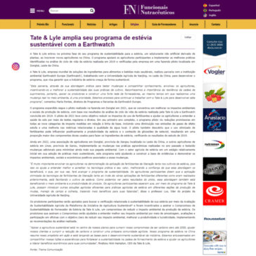 Tate & Lyle amplia seu programa de estévia sustentável com a Earthwatch – Funcionais e Nutracêuticos