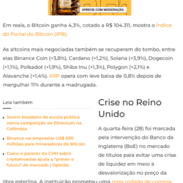 Manhã Cripto: Bitcoin (BTC) e Ethereum (ETH) sobem mais de 4% mesmo com crise no Reino Unido – Portal do Bitcoin