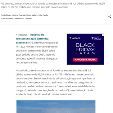 Intelbras (INTB3) lucra R$ 122,6 milhões no 3º tri, alta de 38,8% na base anual – Valor Econômico