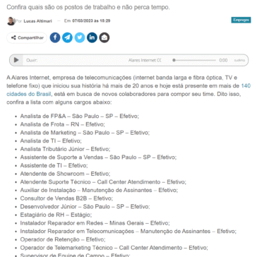 Alares Internet CONTRATA para diversos setores – TV Grava