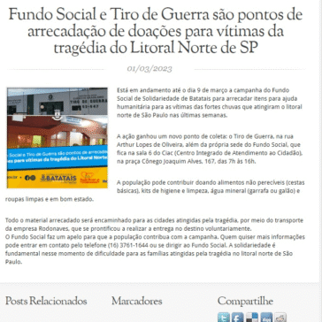 Fundo Social e Tiro de Guerra são pontos de arrecadação de doações para vítimas da tragédia do Litoral Norte de SP – batatais.sp.gov