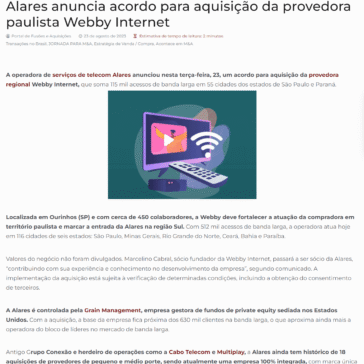 Alares anuncia acordo para aquisição da provedora paulista Webby Internet – Fusões & Aquisições