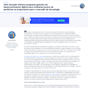 ONG Vocação oferece programa gratuito de desenvolvimento digital para mulheres jovens de periferias se prepararem para o mercado de tecnologia – iMasters