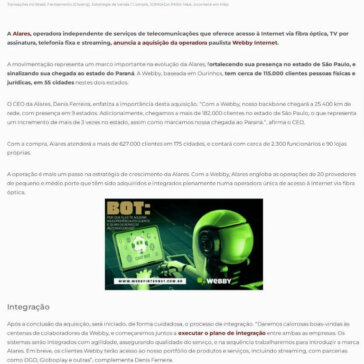 Alares anuncia conclusão da aquisição da Webby Internet – Fusões & Aquisições