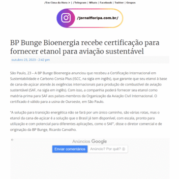 BP Bunge Bioenergia recebe certificação para fornecer etanol para aviação sustentável – Jornal Floripa Online