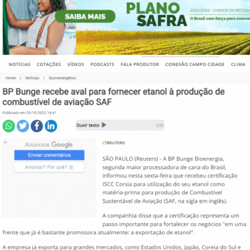 BP Bunge recebe aval para fornecer etanol à produção de combustível de aviação SAF – Notícias Agrícolas