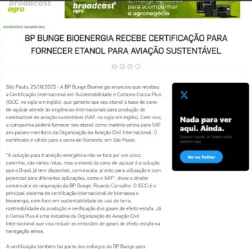 BP Bunge Bioenergia recebe certificação para fornecer etanol para aviação sustentável – Agência Estado – Broadcast