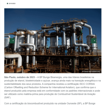 BP Bunge está habilitada para fornecimento de etanol para produção de SAF – Canal da Cana