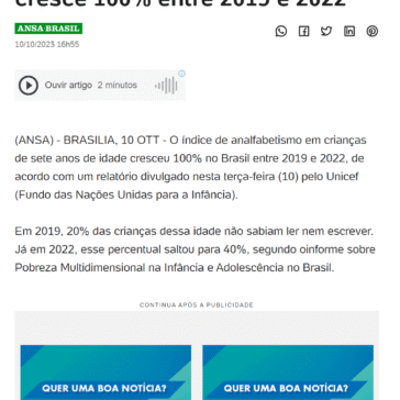 Unicef: Analfabetismo infantil cresce 100% entre 2019 e 2022 – UOL