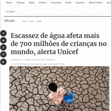 Escassez de água afeta mais de 700 milhões de crianças no mundo, alerta Unicef – Farol da Bahia