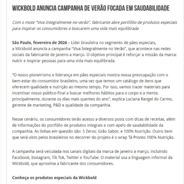 Wickbold anuncia campanha de verão focada em saudabilidade – 2A + Alimentos