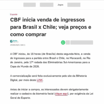 CBF inicia venda de ingressos para Brasil x Chile; veja preços e como comprar