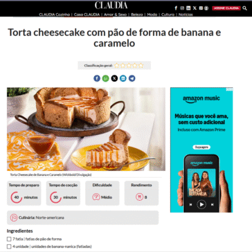 Torta cheesecake com pão de forma de banana e caramelo