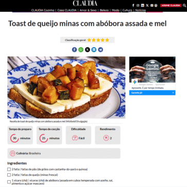 Toast de queijo minas com abóbora assada e mel