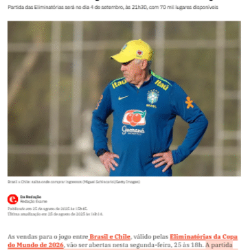 Brasil x Chile: ingressos começam a ser vendidos nesta segunda; saiba como comprar