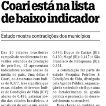 Coari está na lista de baixo indicador