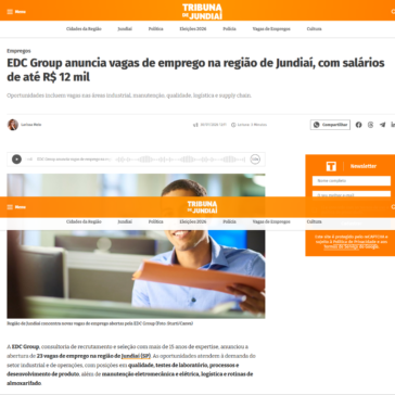 EDC Group anuncia vagas de emprego na região de Jundiaí, com salários de até R$12 mil.