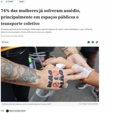 74% das mulheres já sofreram assédio, principalmente em espaços públicos e transporte coletivo