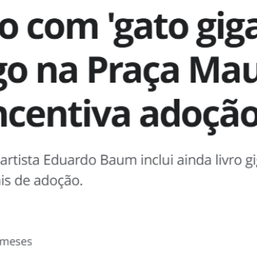 Intervenção com ‘gato gigante’ fica até domingo na Praça Mauá; iniciativa incentiva adoção de pets