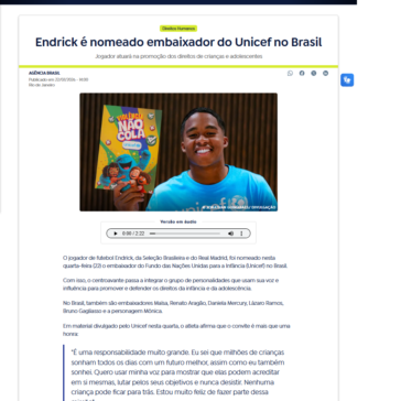 Endrick é nomeado embaixador do Unicef no Brasil
