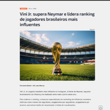 Vini Jr. supera Neymar e lidera ranking de jogadores brasileiros mais influentes