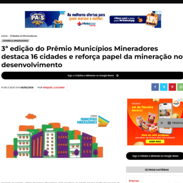 3ª edição do Prêmio Municípios Mineradores destaca 16 cidades e reforça papel da mineração no desenvolvimento